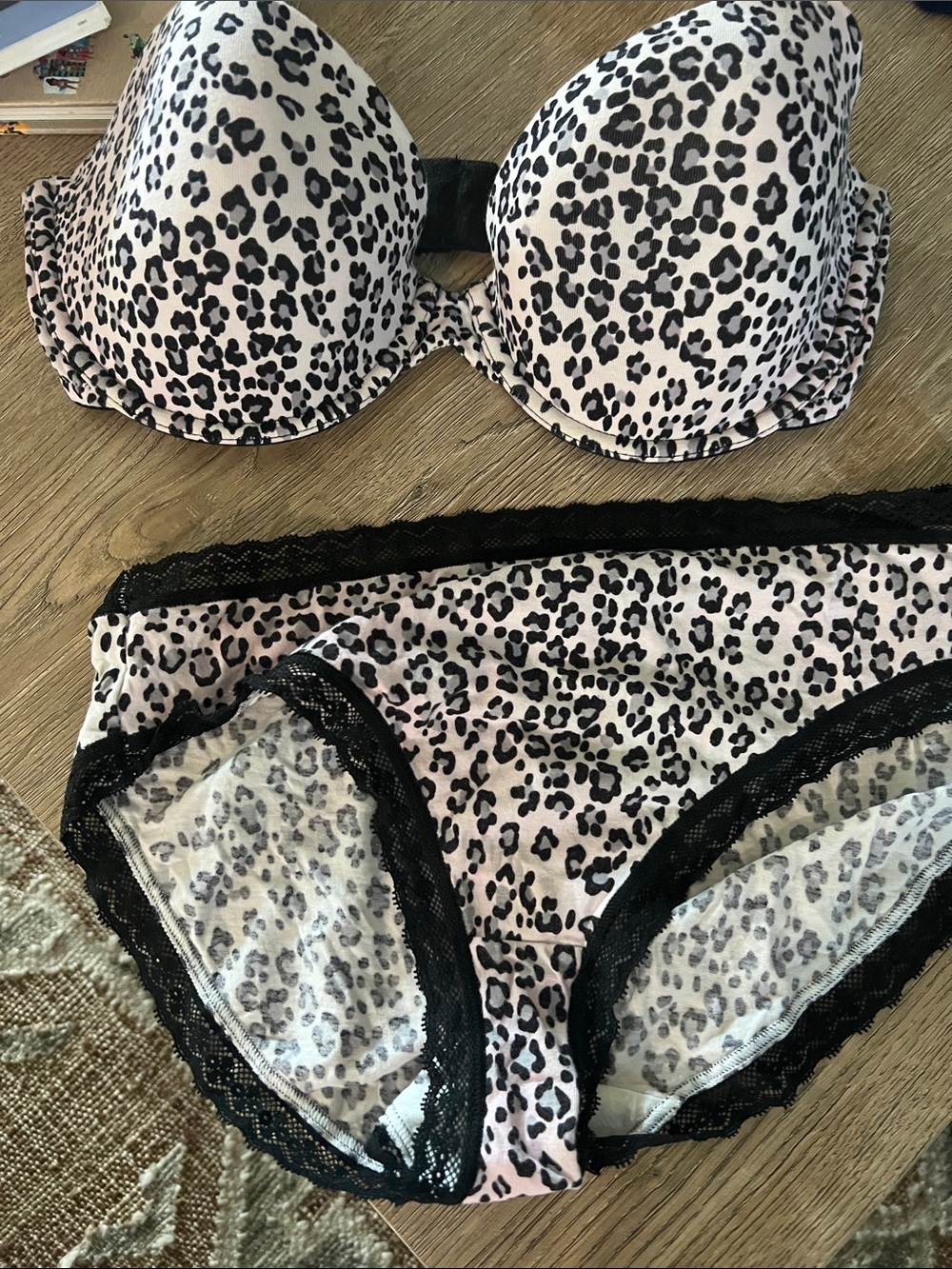Victoria's Secret Pink and Black Leopard Lace Bra & Bikini Set